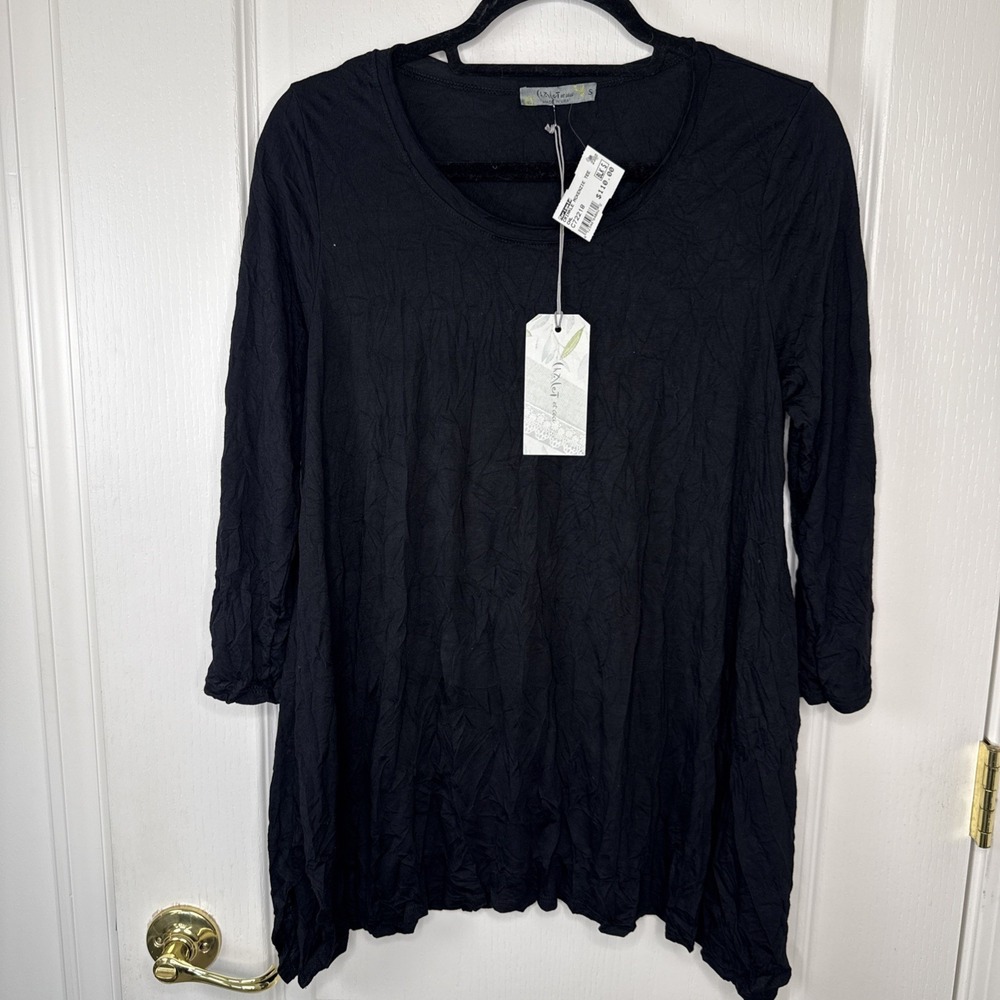 Chalet et Ceci Mackenzie Top Womens S Black Crinkle Tunic NWT Lagenlook USA Made